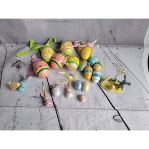 19 Wooden Easter Ornaments, Eggs, Bunny Rabbits, Birds, Pink Blue Pastel Read